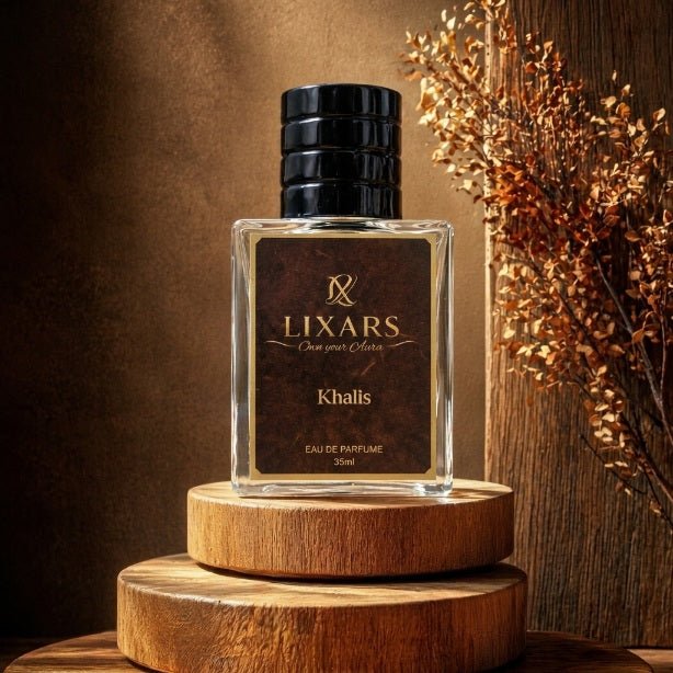 Khalis luxury woody amber fragrance premium perfume bottle